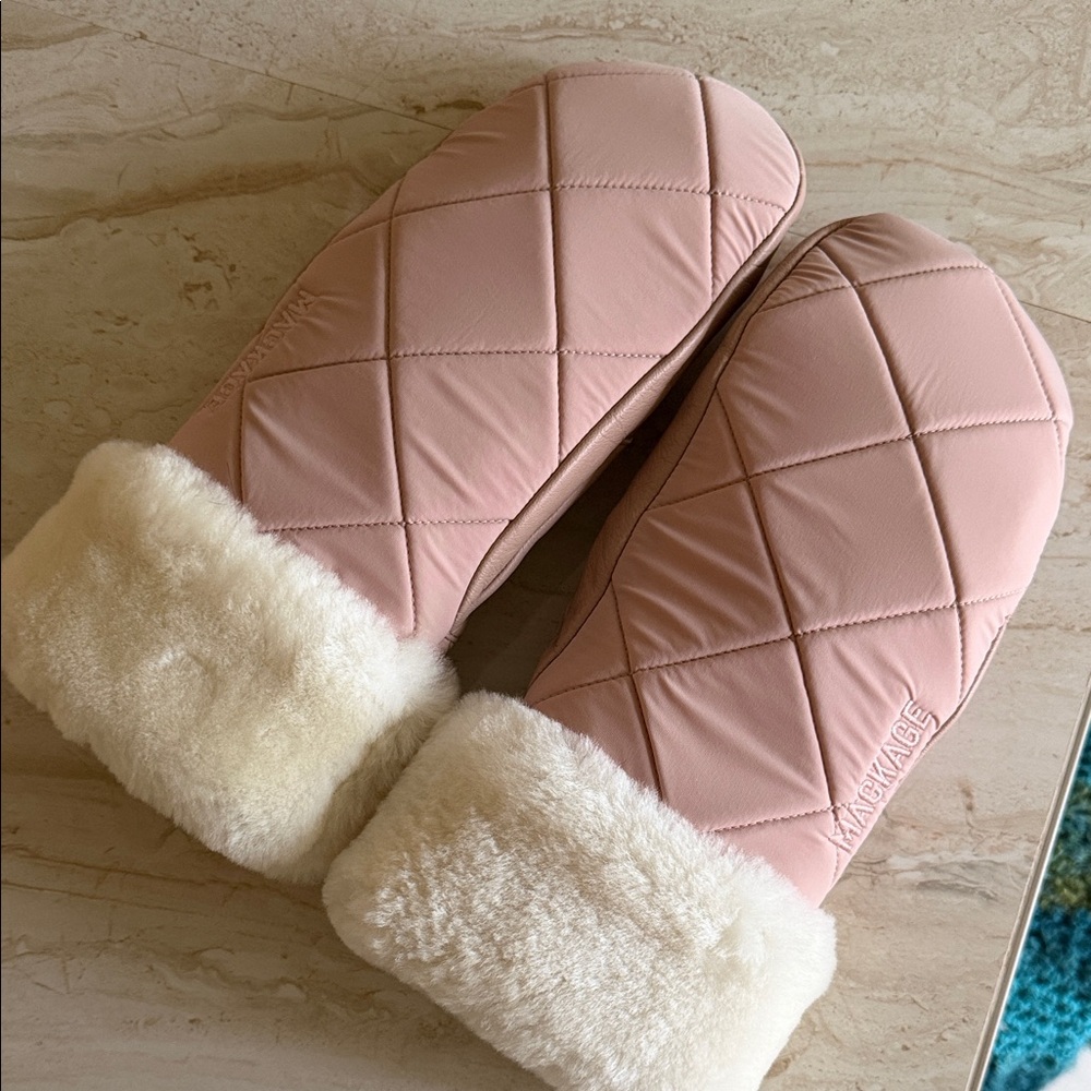 MACKAGE Pink Quilted Mittens with Fur Trim